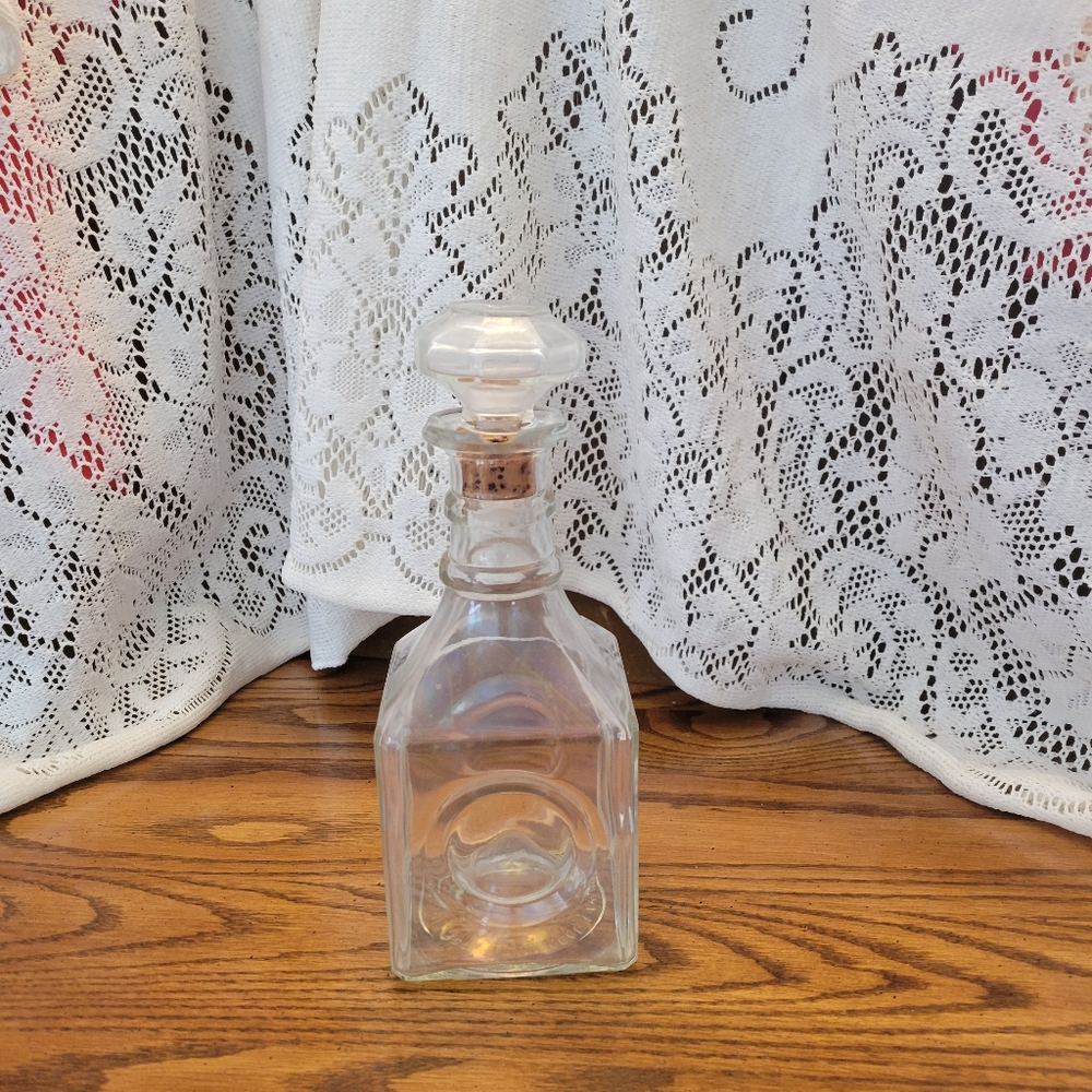 Vintage Clear Glass Decanter with Warning Language